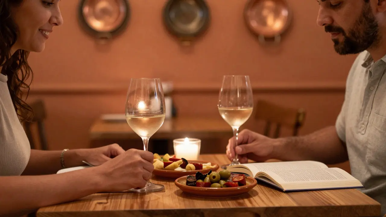 Two people share a quiet dinner of Spanish tapas at The Galleon Restaurant with candlelight and wine.