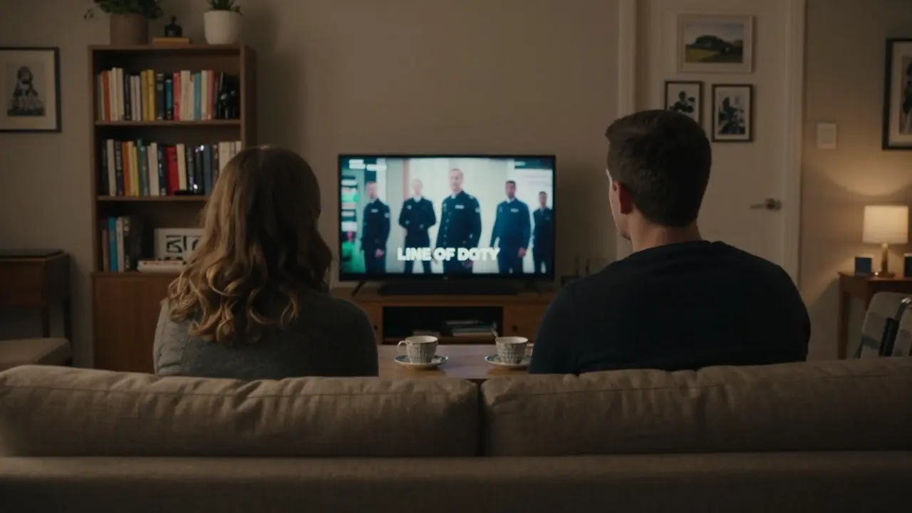 Two people sit together on a couch watching TV in a warmly lit flat, teacups nearby, books on the shelf.