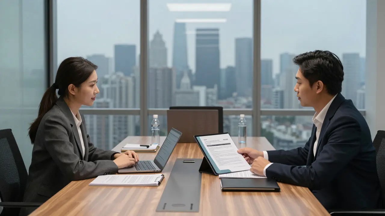 Two professionals discussing contracts in modern office conference room setting