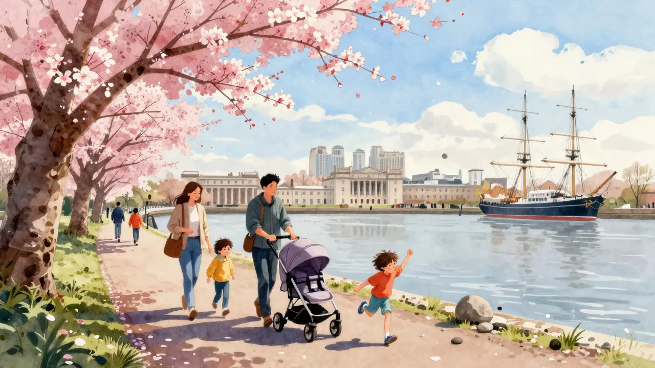 Watercolor family walking along Thames riverbank near historic ship